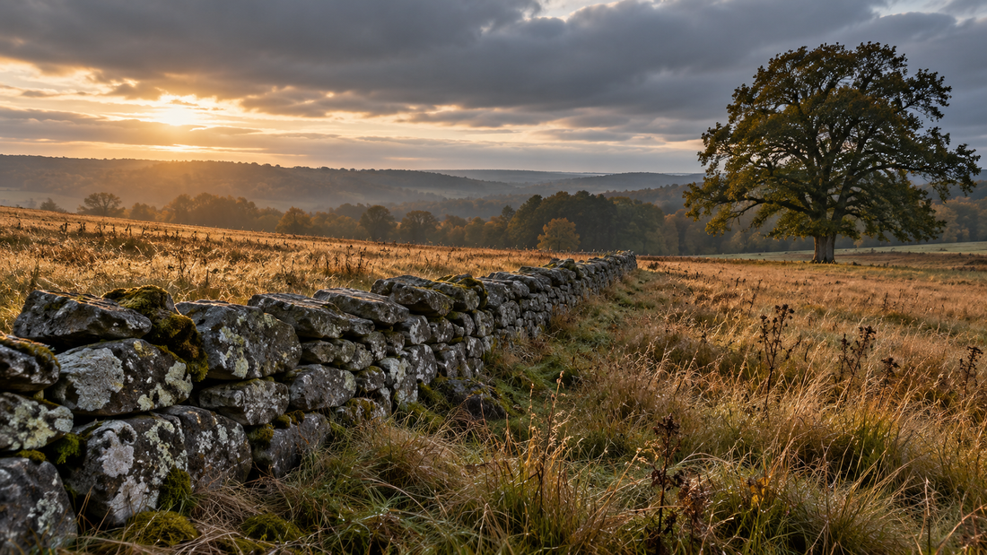 Weathered stone wall crossing tawny autumn grass beneath a broad oak at sunrise