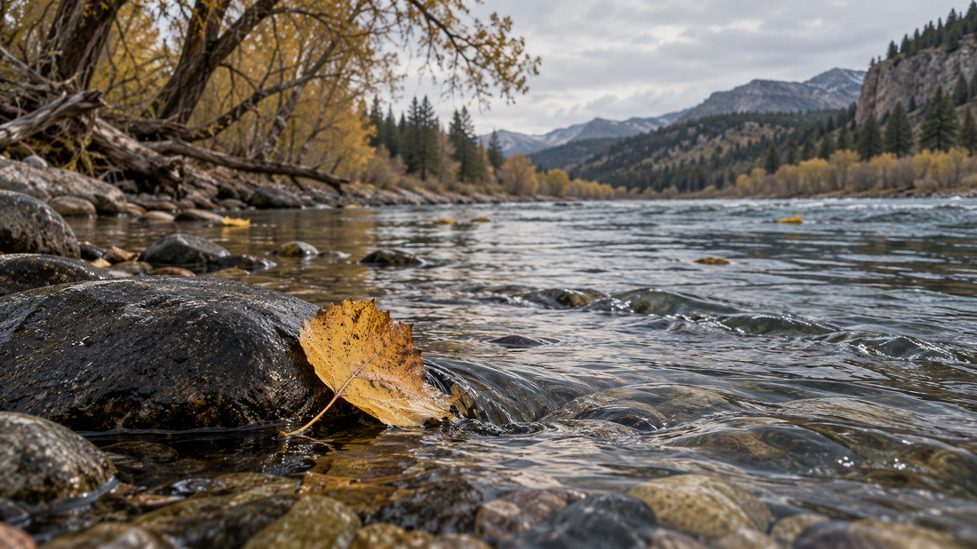 A golden cottonwood leaf resting against a dark river stone in a cold late-autumn current