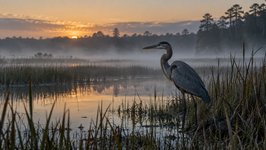 A great blue heron standing in a misty marsh at sunrise