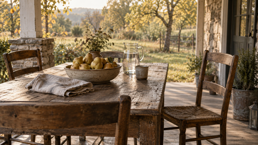 Weathered wooden porch table with a bowl of pears and an empty chair in warm autumn light