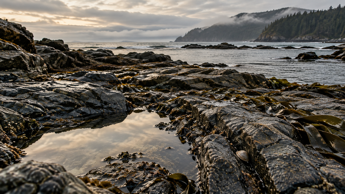 Rocky shoreline at low tide with kelp, a tide pool, and a pale shell beneath a misty coastal headland