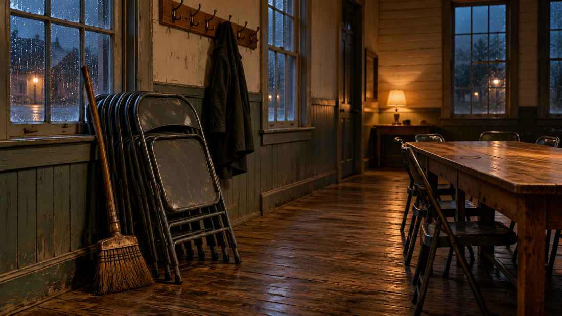Stacked folding chairs and a broom in a rain-darkened wooden community hall after an evening meeting