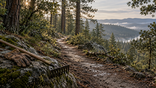 A wooden trail rake and leather work gloves beside a sunlit forest path