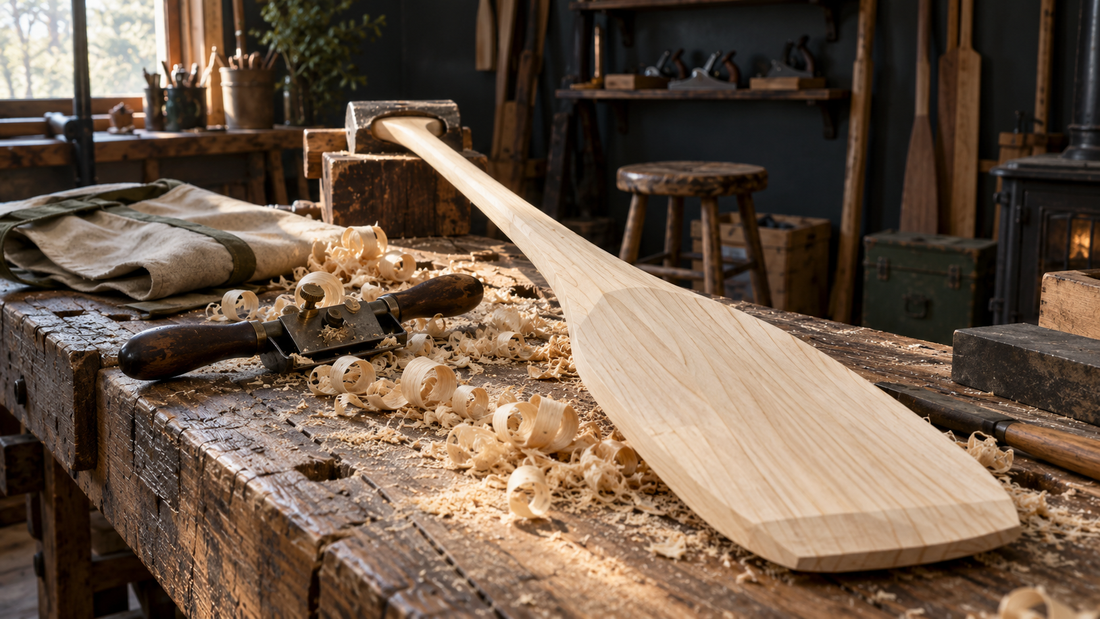 Unfinished wooden canoe paddle with a spokeshave and curled shavings on a worn workshop bench
