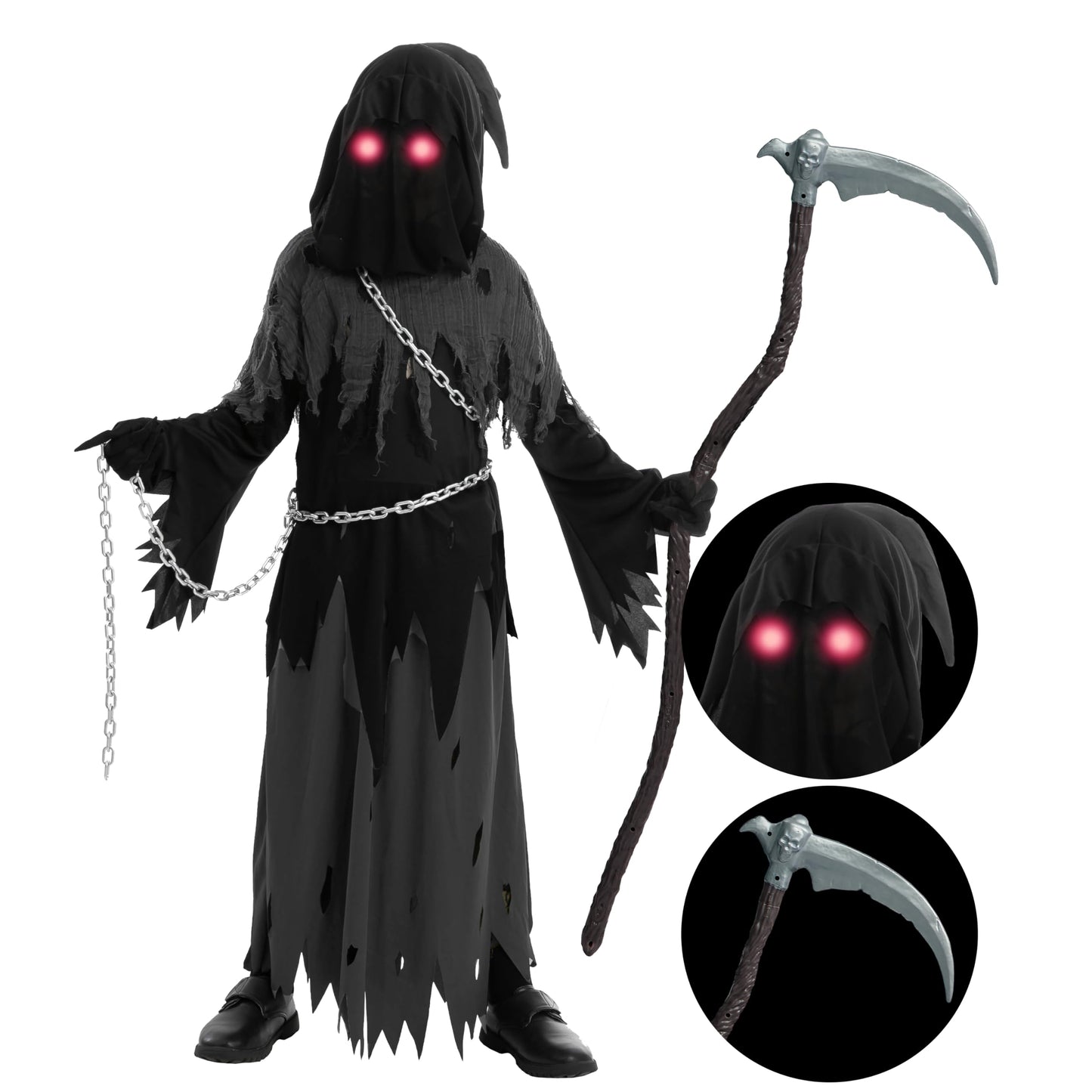 Spooktacular Creations Glowing Eyes Grim Reaper Costume for Kids Halloween Costume for Boys Phantom Costume-XXL(14-16yr)