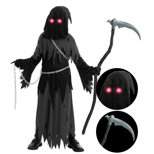 Spooktacular Creations Glowing Eyes Grim Reaper Costume for Kids Halloween Costume for Boys Phantom Costume-XXL(14-16yr)