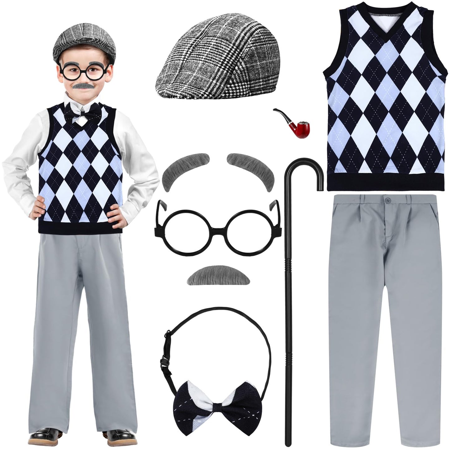 Liitrsh 8 Pcs Old Man Costume for Kids Grandpa Costume 100 Days of School Costume Vest and Pants Halloween Costume for Boys(5-7 YearsBlue Grey Plaid)