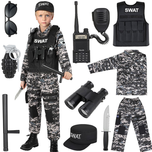 Luucio Swat Police Officer Costume for Kids Police Costume for Kids with SWAT Costume SWAT Vest Halloween Costume for Boys Role Play Kit for Boys Girls