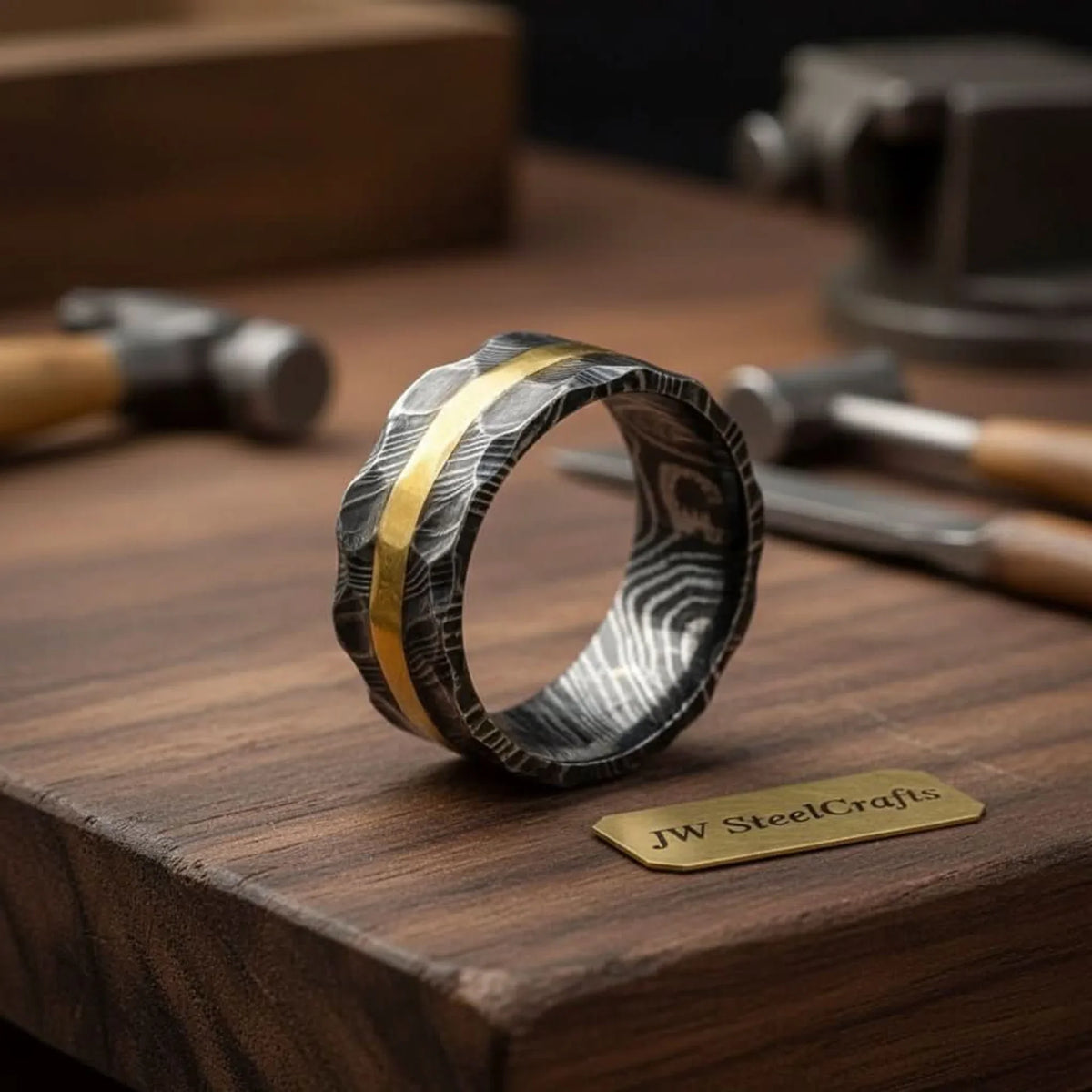 Hammered Damascus Gold Inlay Ring
