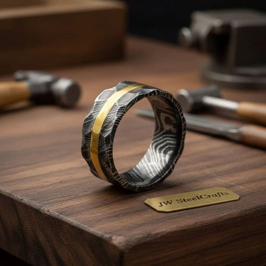 Hammered Damascus Gold Inlay Ring