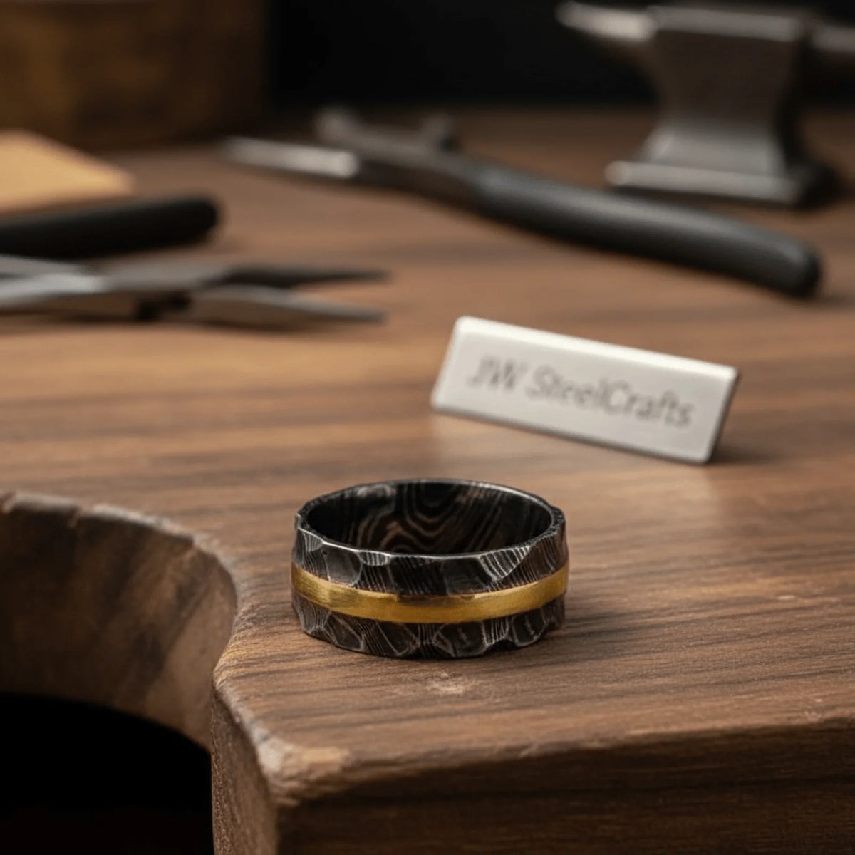 Hammered Damascus Gold Inlay Ring