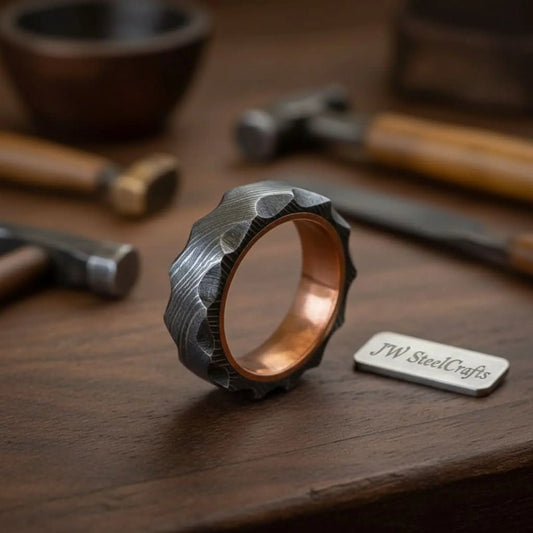 Copper Sleeve Damascus Ring with Carved Faceted Exterior
