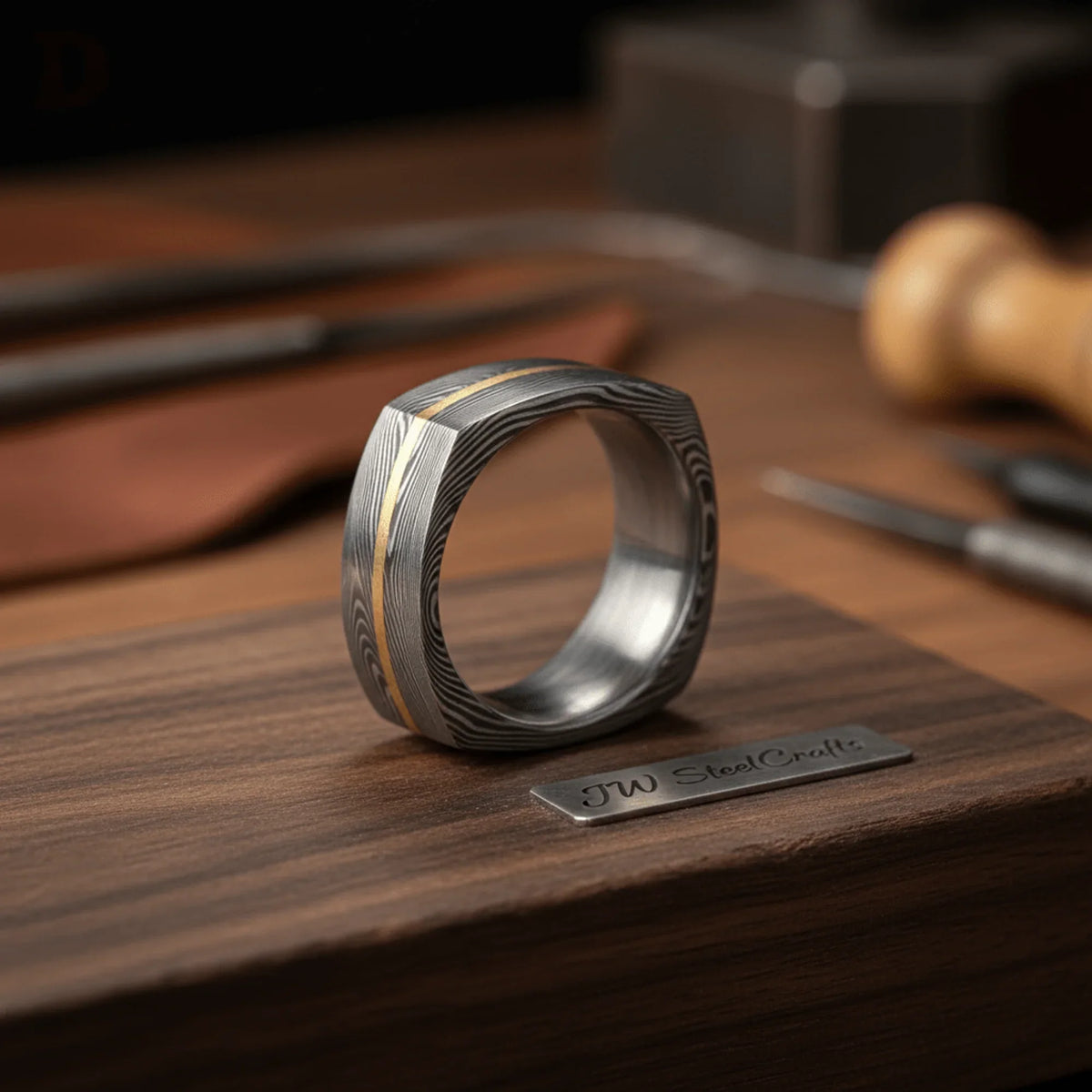 Square Damascus Gold Inlay Ring