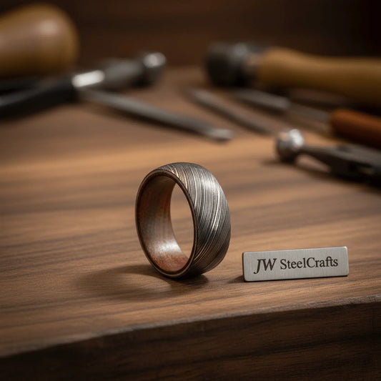Damascus Wood Sleeve Ring with Natural Wood Liner and Linear Steel Pattern