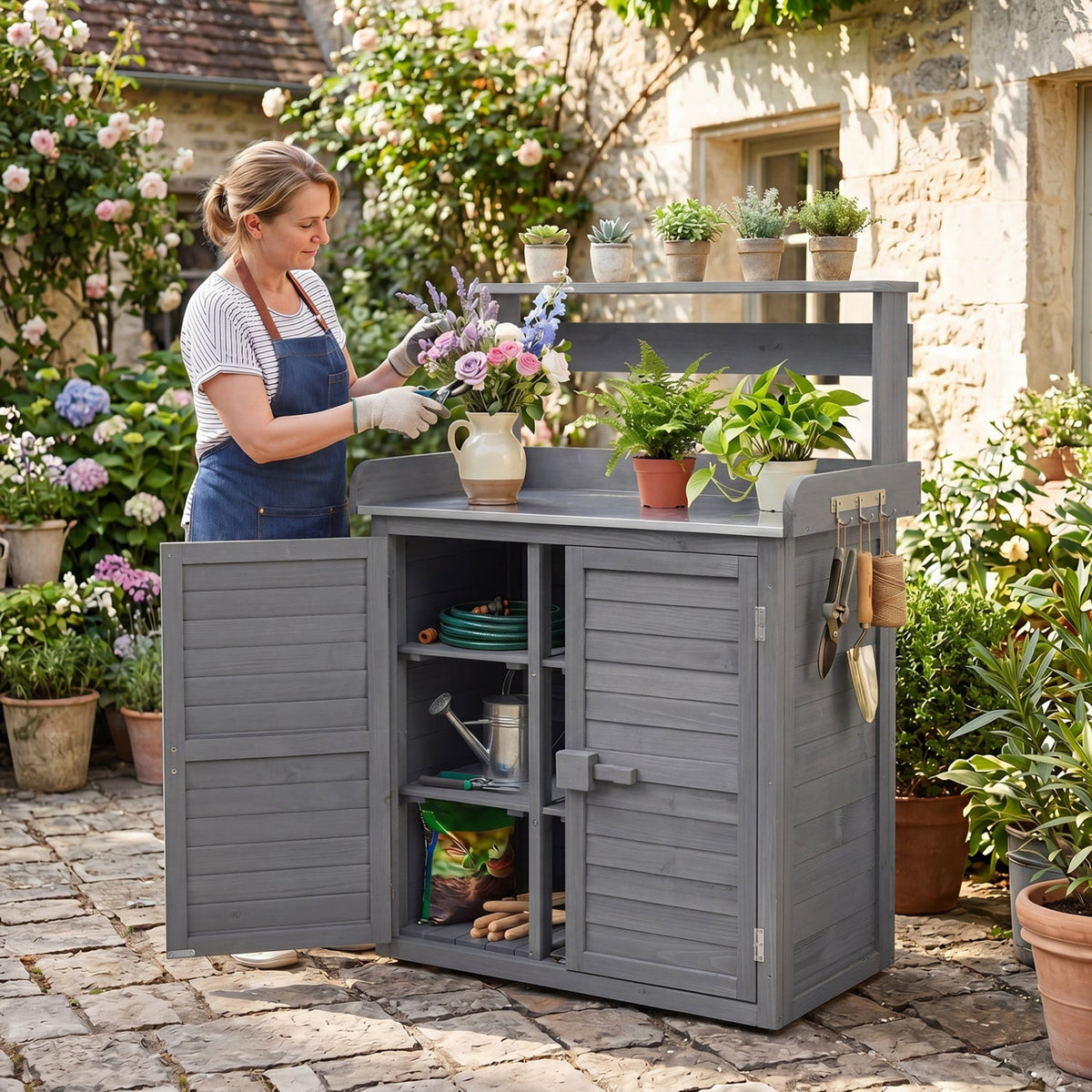 Wood Potting Bench with Stainless Steel Worktop