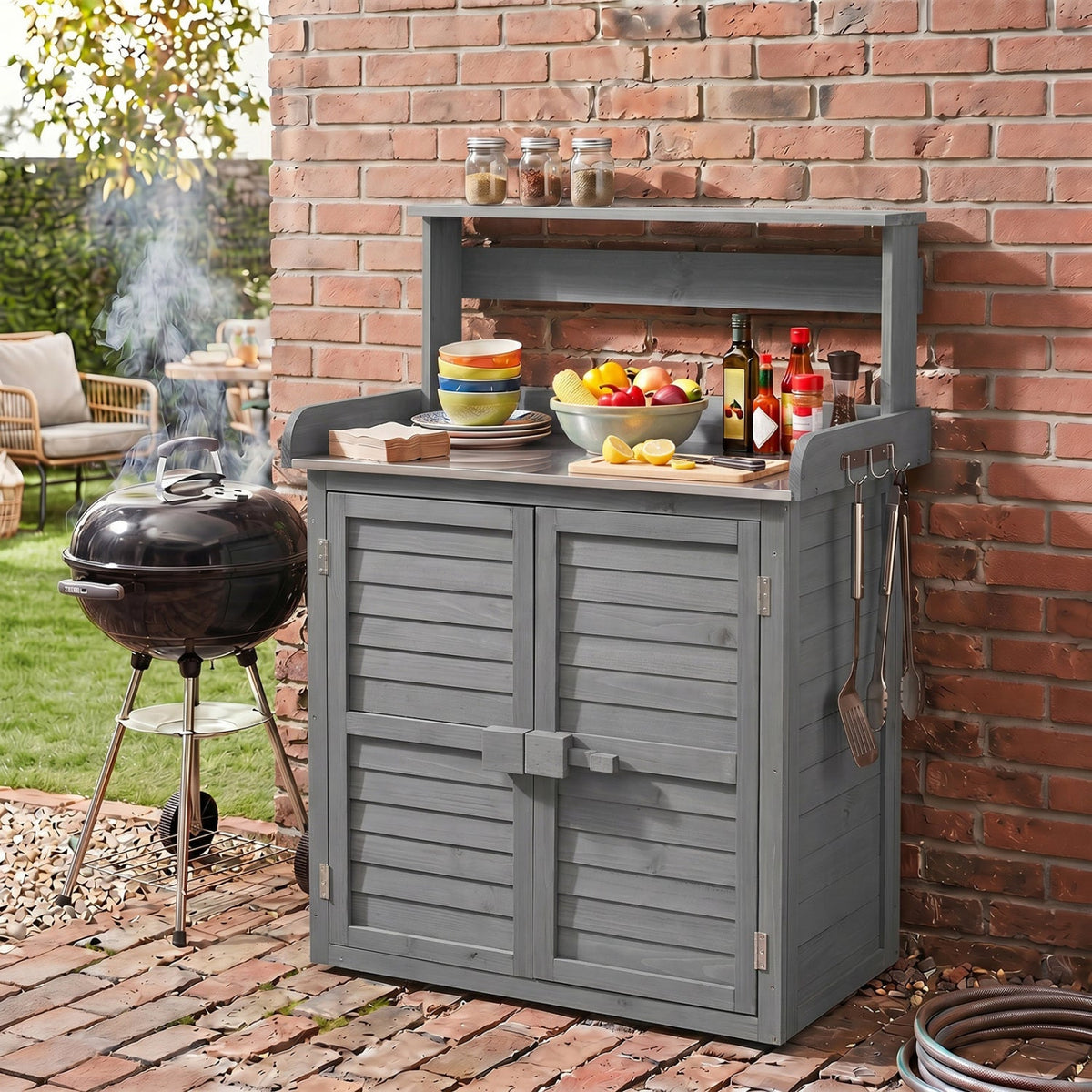 Wood Potting Bench with Stainless Steel Worktop