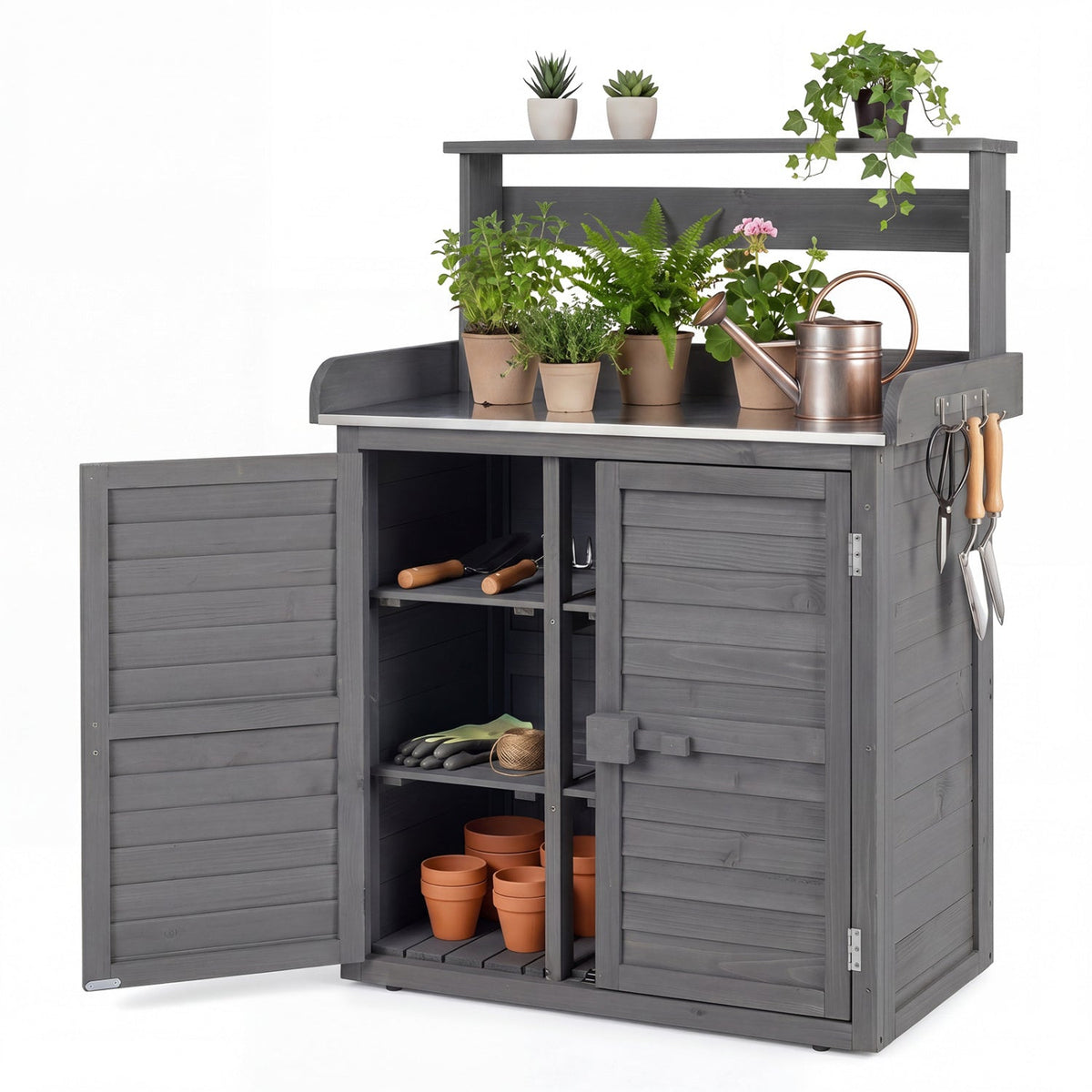 Wood Potting Bench with Stainless Steel Worktop