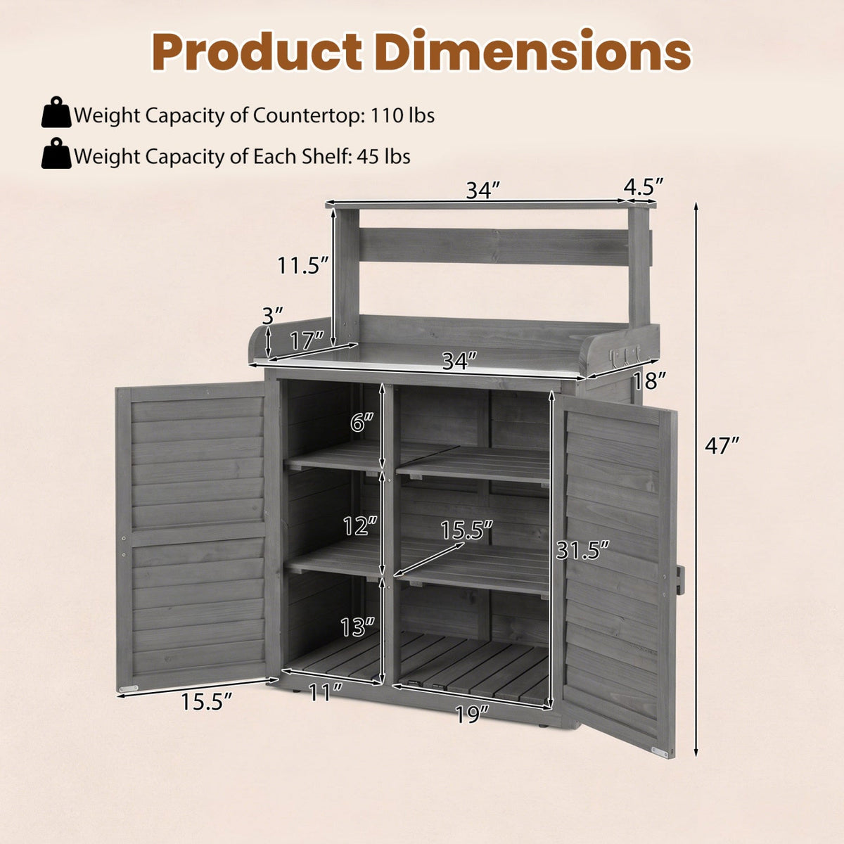 Wood Potting Bench with Stainless Steel Worktop