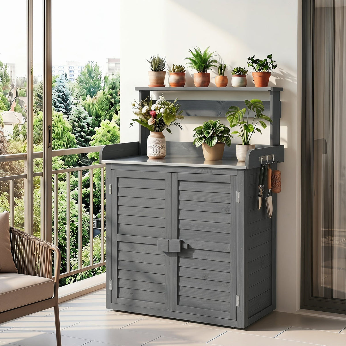 Wood Potting Bench with Stainless Steel Worktop