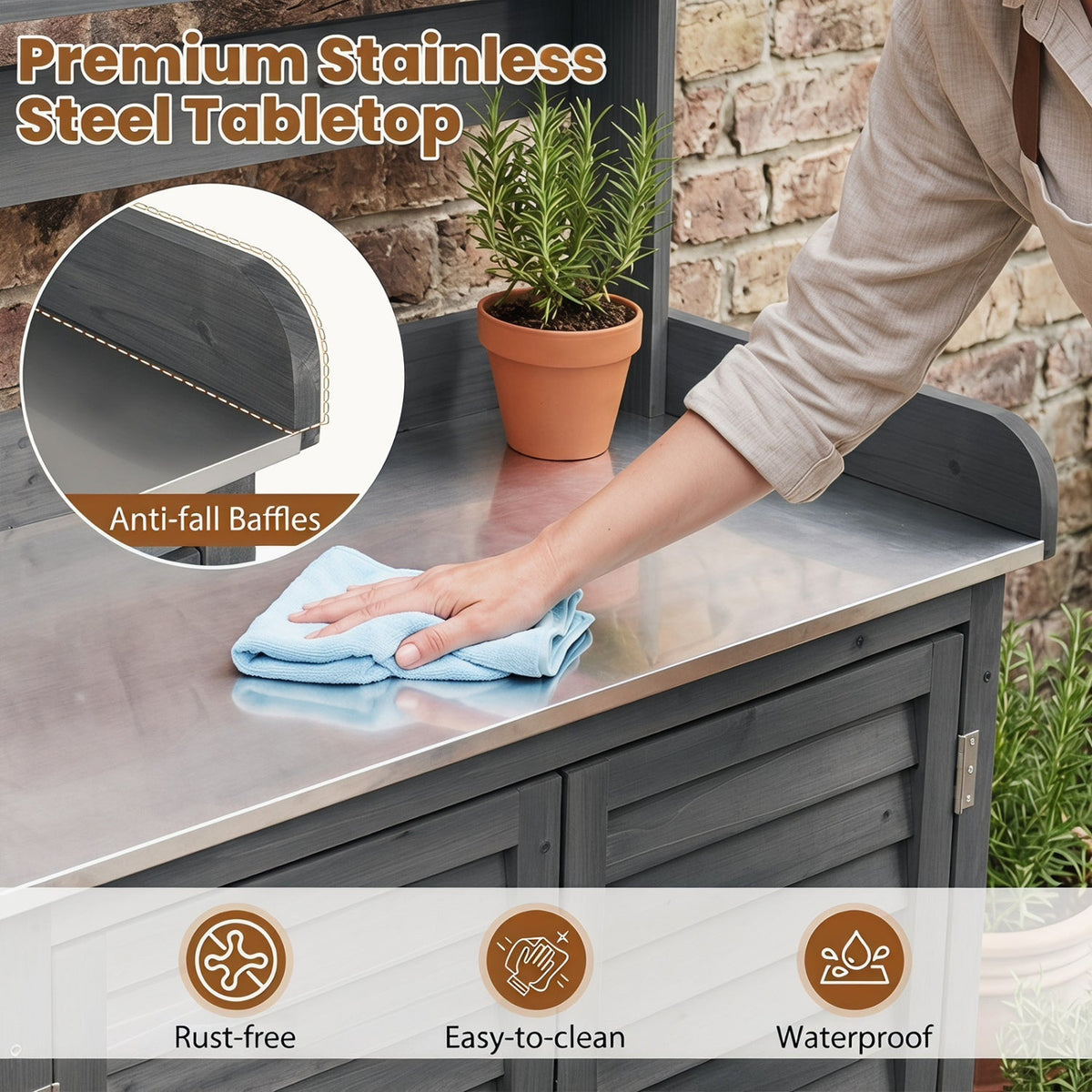 Wood Potting Bench with Stainless Steel Worktop