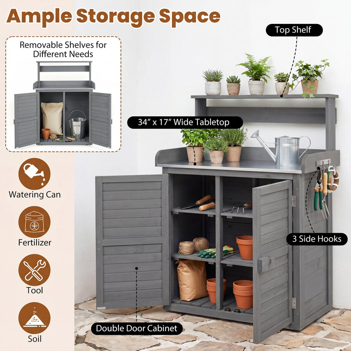 Wood Potting Bench with Stainless Steel Worktop
