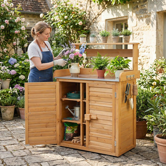 Wood Potting Bench with Stainless Steel Worktop