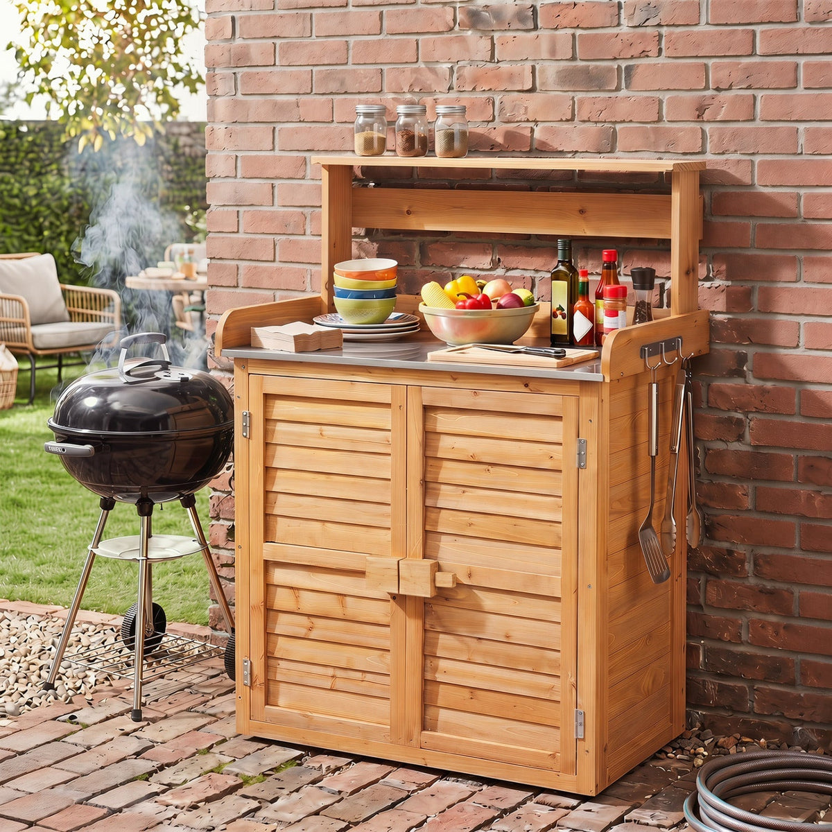 Wood Potting Bench with Stainless Steel Worktop
