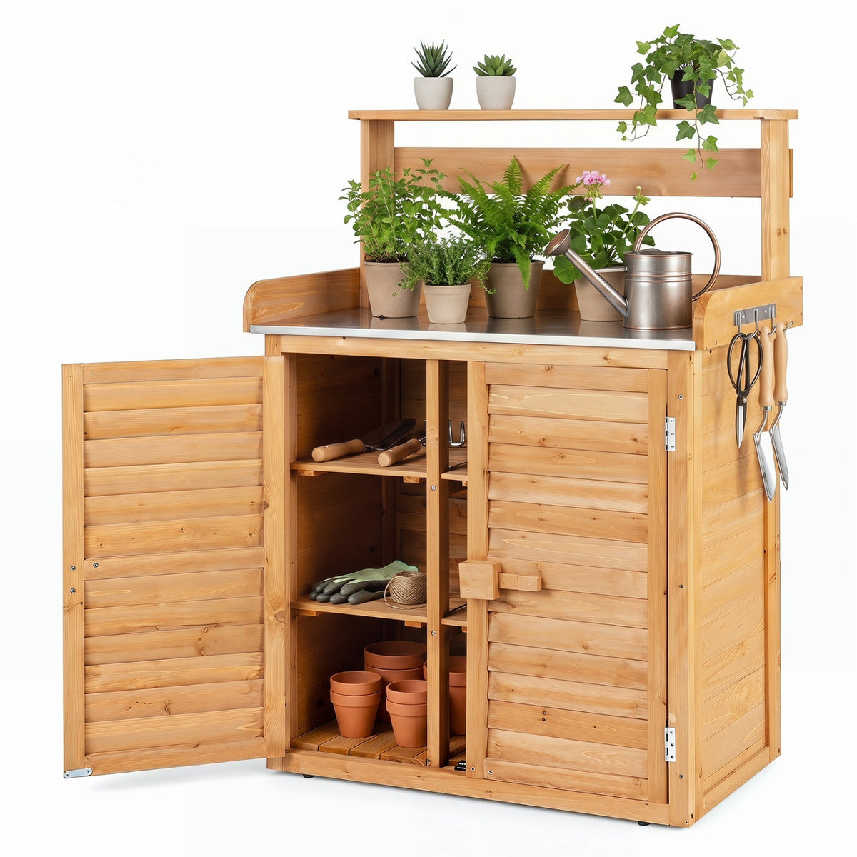 Wood Potting Bench with Stainless Steel Worktop