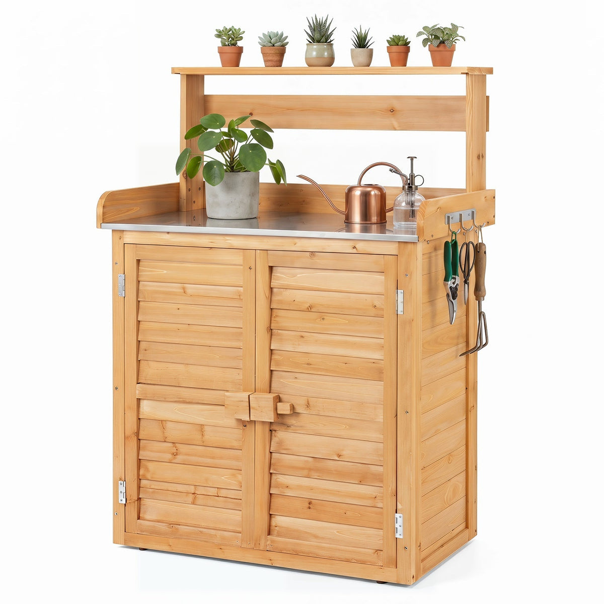 Wood Potting Bench with Stainless Steel Worktop