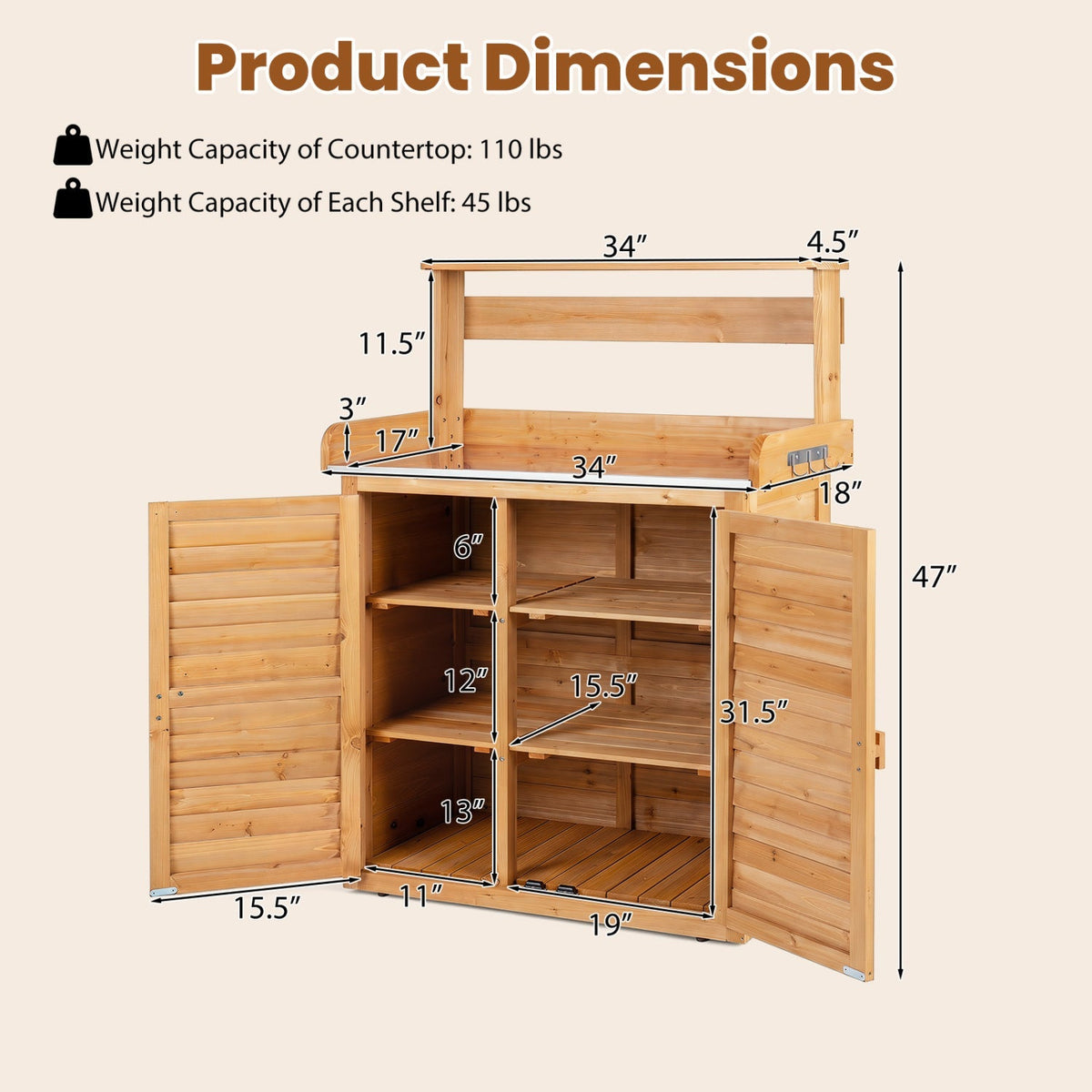 Wood Potting Bench with Stainless Steel Worktop