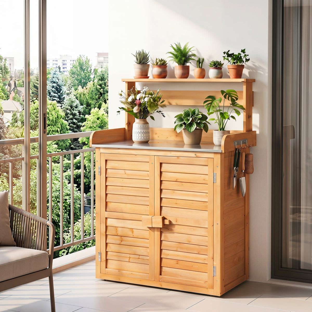 Wood Potting Bench with Stainless Steel Worktop
