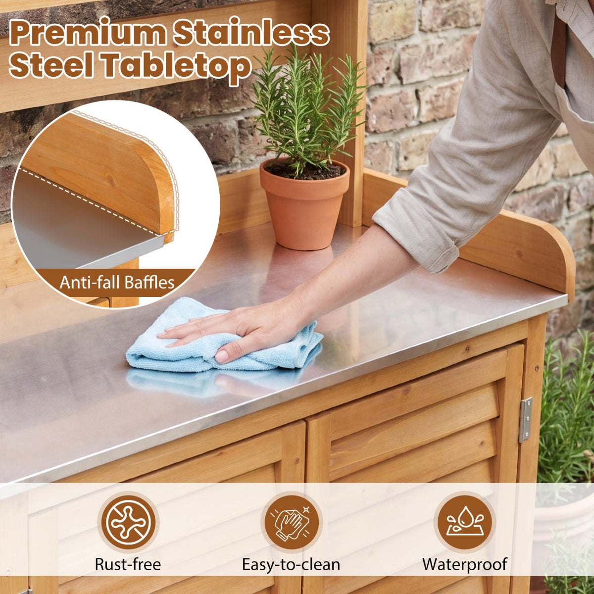 Wood Potting Bench with Stainless Steel Worktop