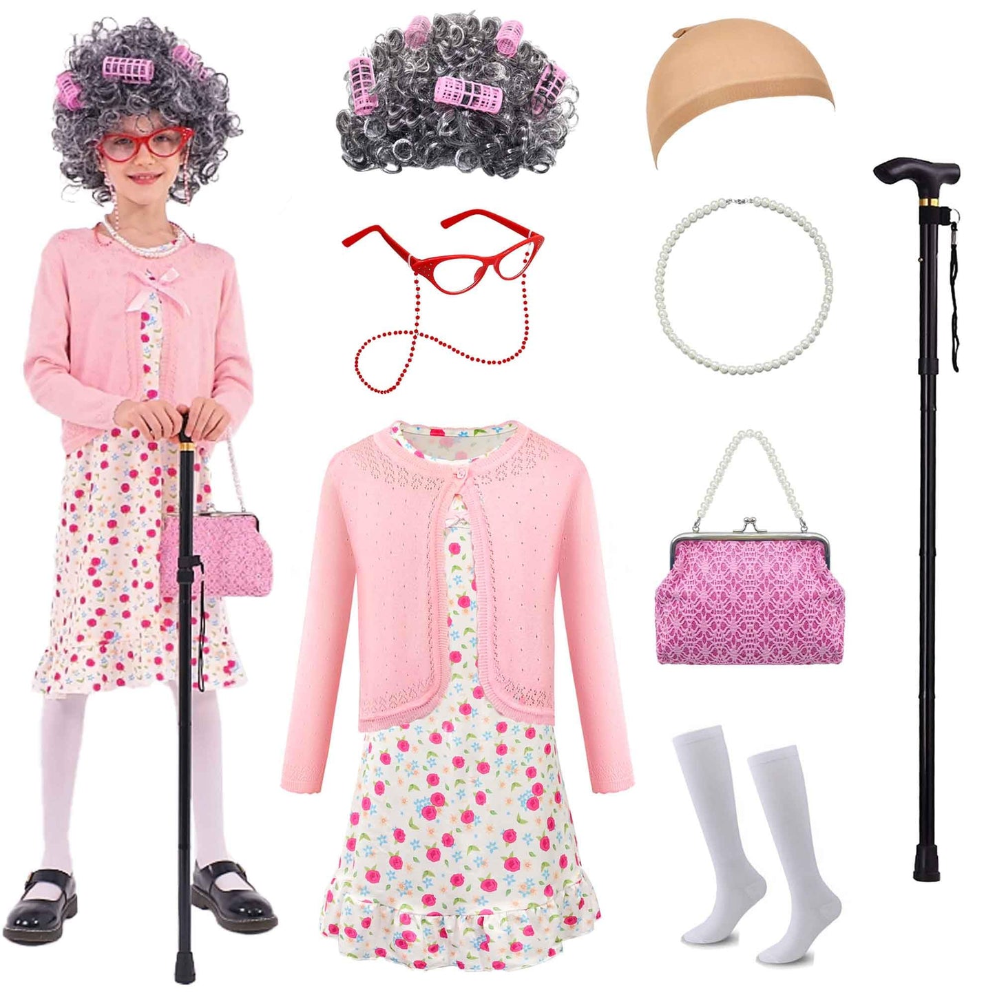 Watlie Old Lady Costume for Kids 100 Days of School Costume for Girls Granny Costume Old Lady Wig Dress Up Accessory Old Lady Grandma Costume for Women